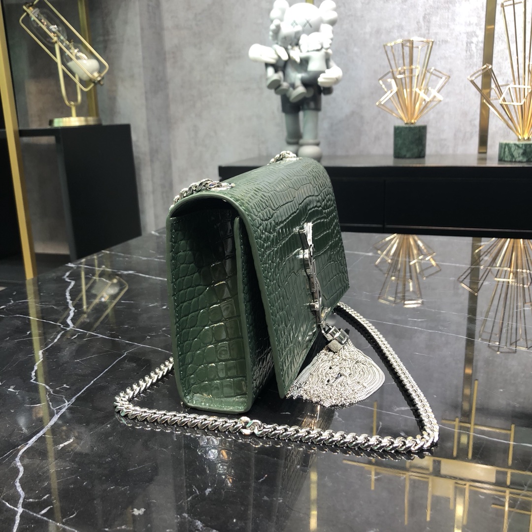 Saint Laurent Kate Tassel Small Crocodile Embossed Calfskin Shoulder Bag Handbag Army Green 474366 Silver